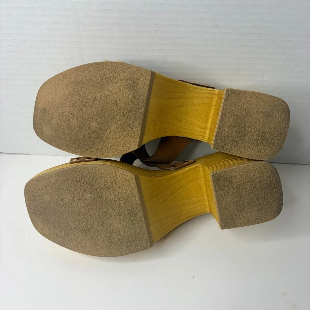 Brown Suede Wood Platform Heels Block Slide Sandals Womens 41 Chic Boho Cottage - Picture 6 of 7